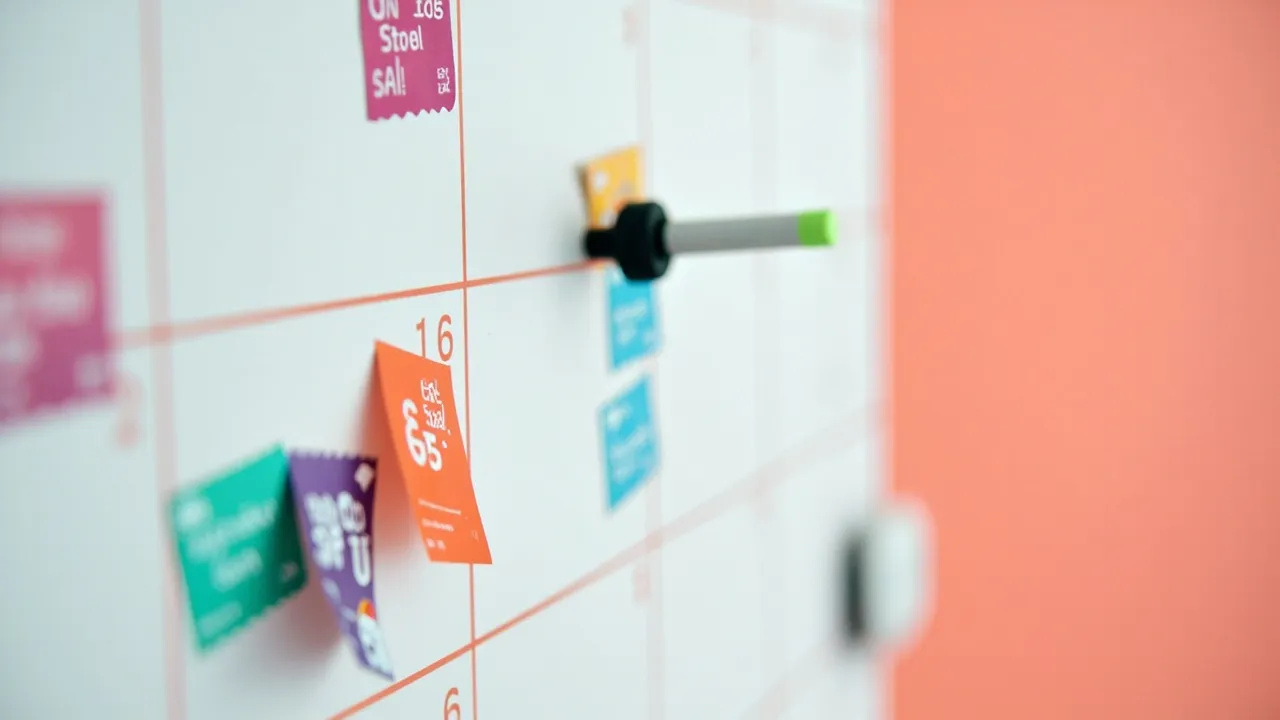 Symbolbild: ein heller Wandkalender mit leuchtenden Deal-Markierungen und einem einzelnen hervorgehobenen Stempel